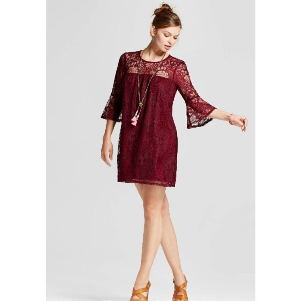 Speechless Women’s Burgundy Babydoll Lace Short Dress Bell Sleeves Size Medium